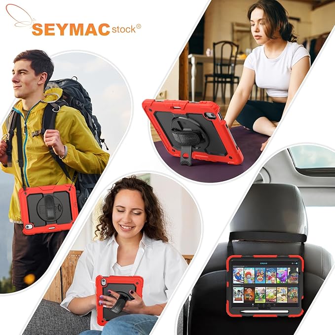 SEYMAC stock Case for iPad Air 11-inch M4-M2 2026-2024 (Gen 8-6), Shockproof Heavy Duty Case with Screen Protector, Pencil Holder, Rotating Stand, Hand Strap, Shoulder Strap, Red
