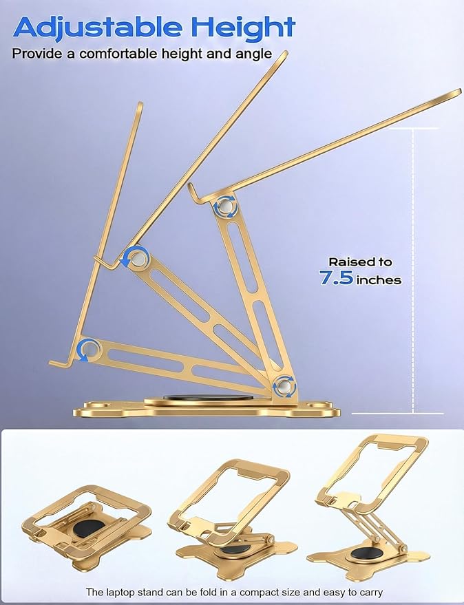 JCZT Adjustable Laptop Stand, 360° Rotating Base Ergonomic Computer Stand, Foldable Laptop Stand for Desk for Office Home Fits Compatible with MacBook Pro Air (10-16") - Gold