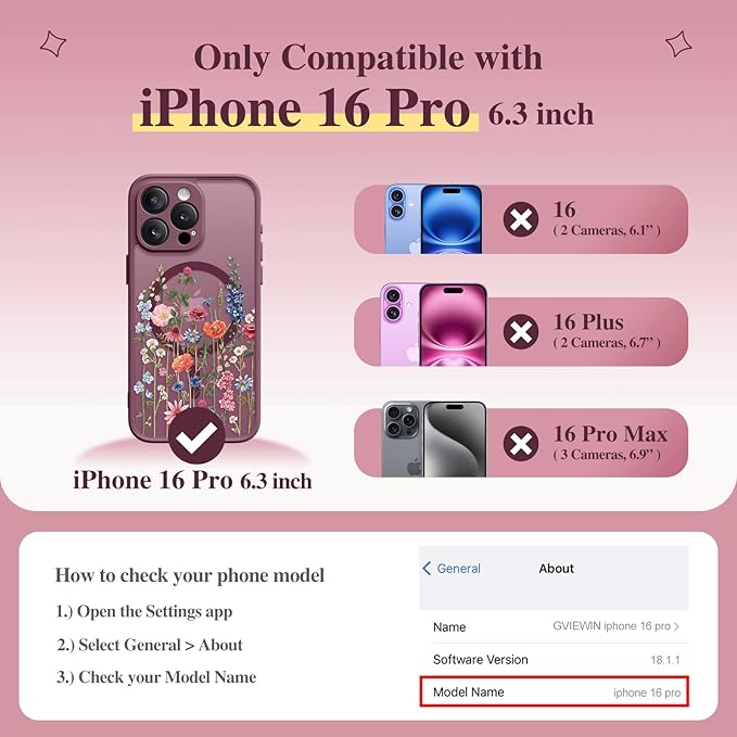 GVIEWIN for iPhone 16 Pro Case Compatible with MagSafe, [Military Grade Protection] [Screen Protector] Full Camera Protection Floral Translucent Women Magnetic Phone Case, Wild Petals/Red