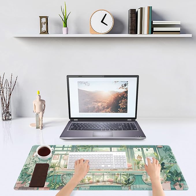 DINKY Large Mouse Pad and Keyboard Wrist Rest Set, Extended Desk Mat Keyboard Wrist Rest, 4in1 Ergonomic Memory Foam Desk Mat Protector Blotter for Home Office-Nice Green Window
