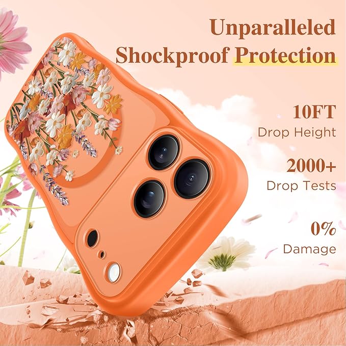 GVIEWIN for iPhone 17 Pro Max Case Compatible with MagSafe [Curly Wave Edge][Full Camera Protection] Floral Translucent Shockproof Magnetic Women Phone Case for 17 Pro Max, Primrose/Orange