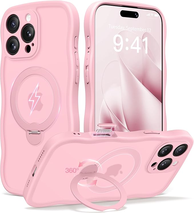 CAPRARO for iPhone 16 Pro Case with 360° Spin Magnetic Stand for Women, [Compatible with MagSafe] [Full Camera Protection] Cute Wave Translucent Matte Case for iPhone 16 Pro, Peach Pink