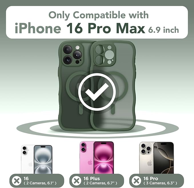 CAPRARO for iPhone 16 Pro Max Case for Women Girls, Upgraded [Full Camera Protection] [Compatible with MagSafe] Cute Wave Translucent Matte Phone Case for iPhone 16 Pro Max, Deep Green