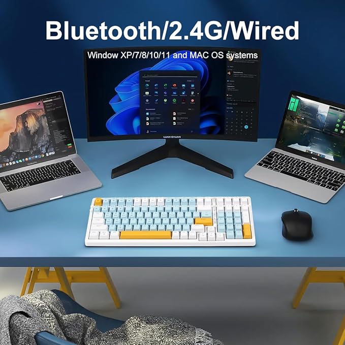 Merdia Wireless Mechanical Keyboard, Triple Mode 2.4G/USB-C/BT Gaming Keyboards 100 Keys Ice-Blue Backlit, Red Switch Keyboard | Rechargeable Mechanical Gaming Keyboards | Ice Blue/W/Y