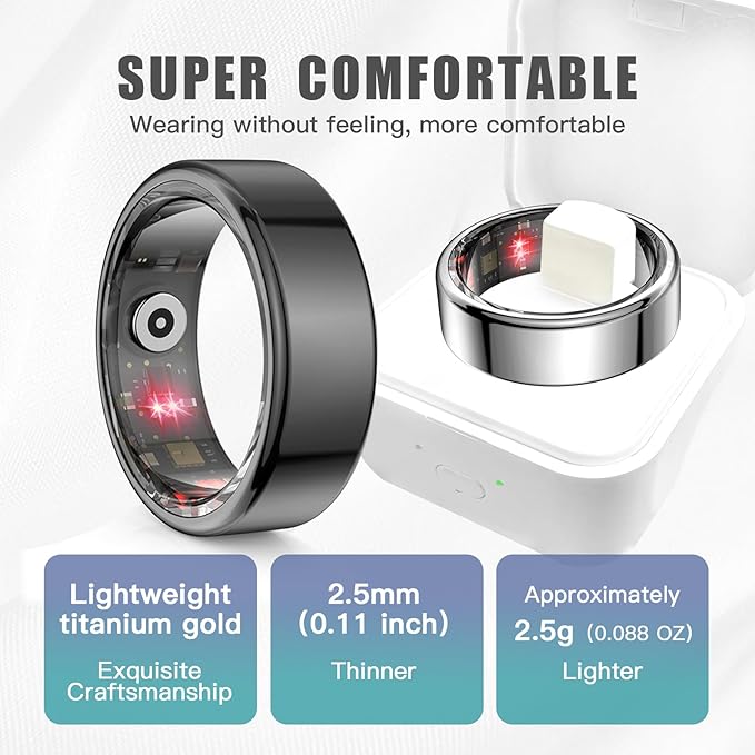 Smart Ring Health Tracker for Women Men, Sleep Tracker with Heart Rate and Blood Oxygen, Fitness Ring for Activity Monitoring, 15 Days Battery, No Subscription, Titanium Alloy (Gold, #12)