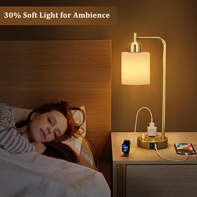 Innqoo Gold Lamp for Bedroom - Industrial Bedside Table Lamp with USB Port and Outlet, Fully Dimmable Nightstand Lamp with Opal Glass Shade, Small Desk Lamps for Home Office