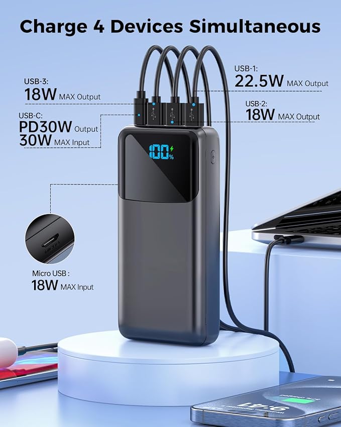 Portable Charger Power Bank 50000mAh, USB-C PD 30W Fast Charging External Battery Pack, Portable Phone Charger for iPhone 17/1615/14/13/12/11 Samsung Android (Gray)