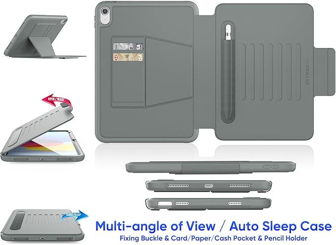 SEYMAC stock Case for iPad (A16) 11th/10th Generation 11''/10.9'', Strong Magnetic Auto Sleep Shockproof Case with Absorbing Multi-Angles Stand, Pen Holder, Card Slot (Gray)
