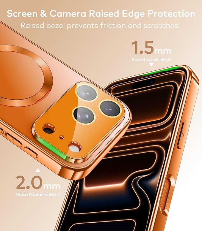 TOBOVON Magnetic for iPhone 17 Pro Max Case with Ring Stand, Fits MagSafe, with Built-in Camera Lens Protector, Slim Electroplated Shockproof Phone Cover, Orange