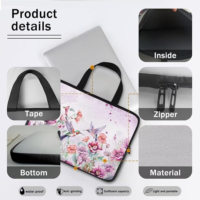 15 Inch Laptop Sleeve, Laptop Cover Computer Bag Tablet Carrying Case with Handle, Hummingbirds Floral Water-Repellent Tote Bags Notebook Sleeves Handbag Messenger Briefcase