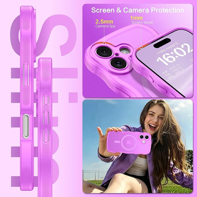 BENTOBEN Magnetic for iPhone 16 Case, Cute Wavy [Full Camera Protection][Compatible with MagSafe] Matte Anti-Slip Bumper Women Girls Boys Protective Cover for iPhone 16 6.1",Berry Purple