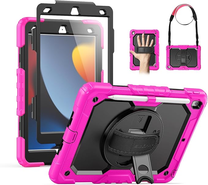 SEYMAC for iPad 9th/8th/7th Generation Case 10.2" 2021-2019, Full-Body Shockproof Heavy Duty Protective Case with Screen Protector, Rotating Stand/Handle/Shoulder Strap for iPad 10.2, Pink