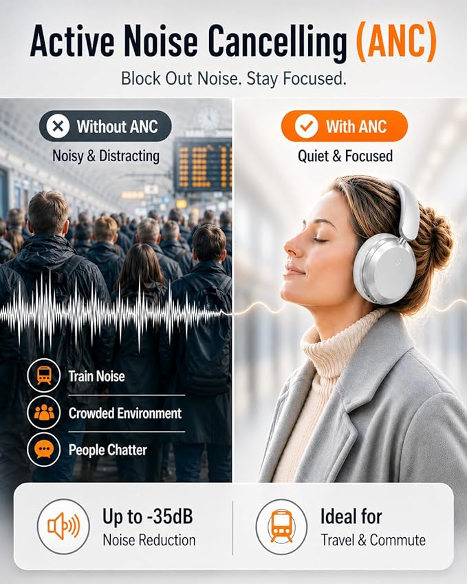 Wentronic Y05 Bluetooth Over-Ear Headphones with Active Noise Cancelling, Hi-Res Audio, 48H Playtime, Built-in Mic, Wired/Wireless, Works with iOS, Android & PC, Silver