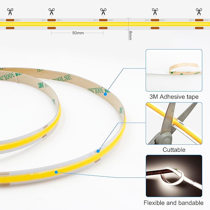 AXMOTUT COB LED Strip Light with Remote, Dimmable 16.4FT/5M Flexible High Density LED Light,4000K Natural White 2400LEDs Super Bright LED Light Strip CRI 90+ for Bedroom,Kitchen,DIY Home Decoration