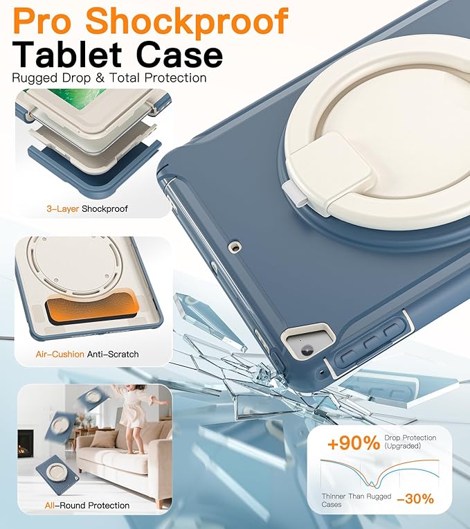 BATYUE Case Compatible with iPad 6th Generation 9.7 inch 2018, iPad 5th Gen 2017, iPad Air 2/ iPad Pro 9.7'',Shockproof Protective Cover with Pencil Holder &Rotating Kickstand for Kids,Boys,Girls