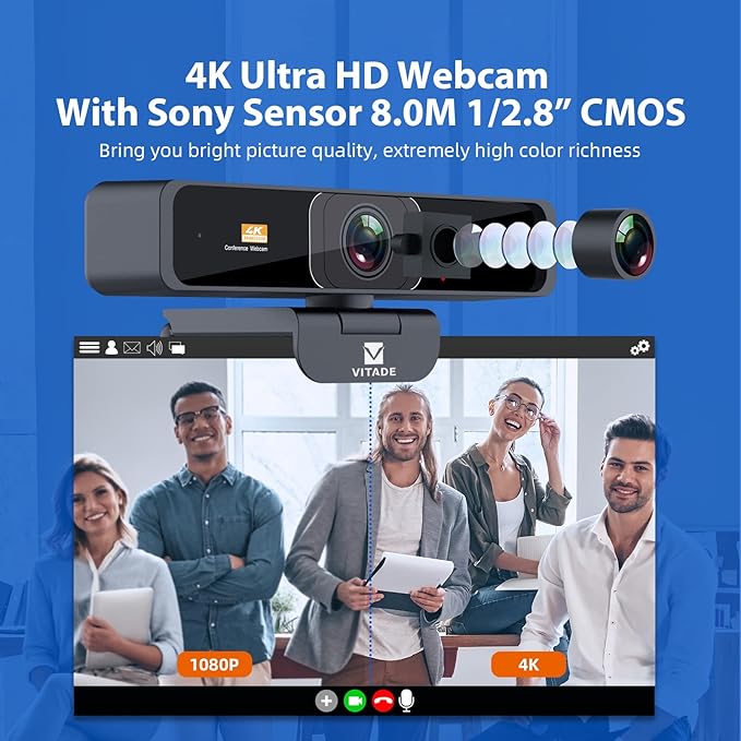4K Zoomable Webcam with Upgraded Remote Control, 8MP Sony Sensor Webcam with Microphone and 4X Digital Zoom, Pro USB Webcam for Streaming/Conference/Online Teaching/Video Calling/Zoom/Skype