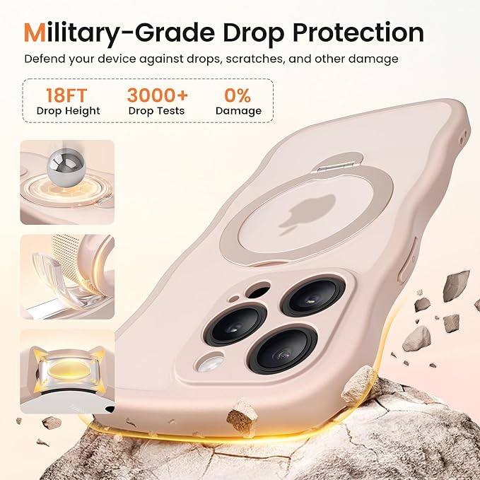 CAPRARO for iPhone 15 Pro Max Case with 360° Spin Magnetic Stand for Women, [Compatible with MagSafe] [Full Camera Protection] Cute Wave Translucent Matte Case for iPhone 15 Pro Max, Rose Gold