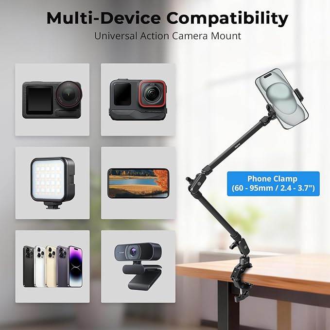 SmallRig 26" Magic Arm with Super Clamp, Overhead Phone Mount, Flexible Desk Camera Mount with 1/4" Screw and Cable Clip, Max Load 2.2lb, for iPhone, Action Camera, Video Light, Webcam, Mic - 5625