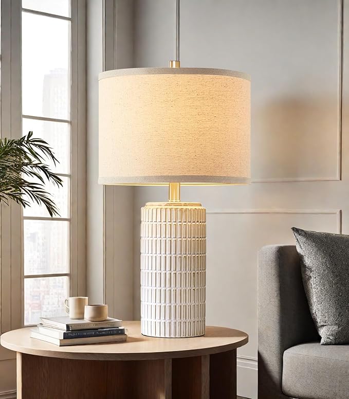 AIEAMPDO 23'' Set of 2 Modern Ceramic Table Lamps for Living Room Bedroom, Nightstand Farmhouse Beige White Desk Lamp for Bedside End Table Entryway, 2 LED Bulbs Included