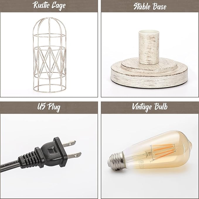 Small Table Lamp, Touch Control Table Lamp with Brushed White Oak Cage, Farmhouse Bedside Lamp 3-way Dimmable Nightstand Lamp Edison Lamp for Bedroom, Living Room, Hallway, Kitchen, LED Bulb Included