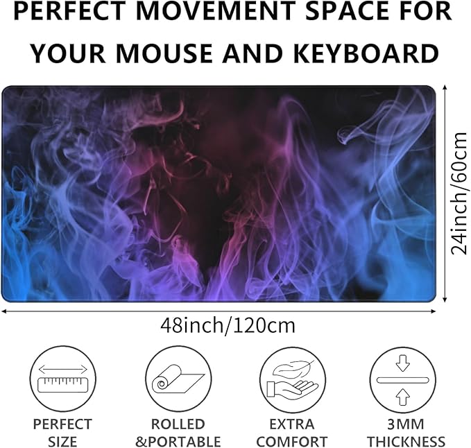 Huge 48x24 inch Mouse Pad - Extra Large Gaming Smoke Mouse Pads with Stitched Edges for Desk, Non-Slip Rubber Base 3XL Mousepad Waterproof Keyboard Pad Desk Pad for Gamer, Office, Home (Blue)