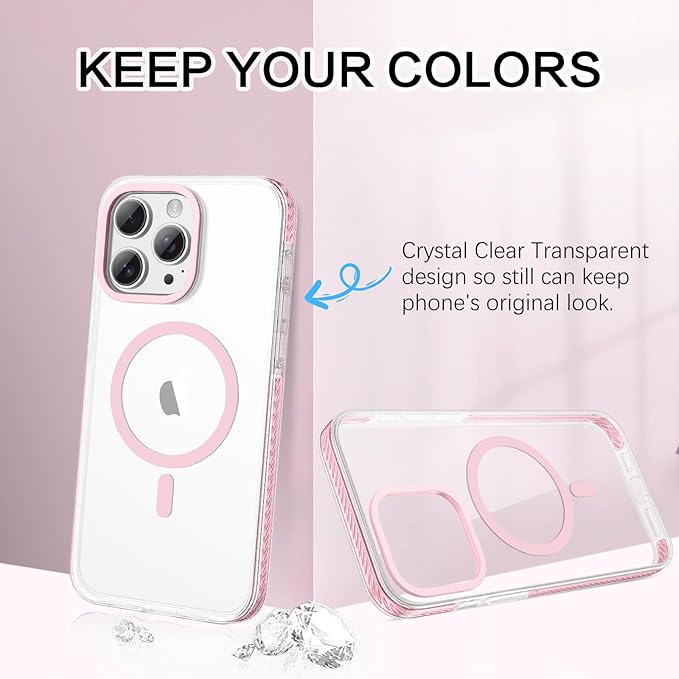 BENTOBEN Magnetic for iPhone 15 Pro Max Case 6.7", Compatible with Magsafe Military Shockproof Protective Bumper Cute Transparent Slim Anti-Yellowing Case for iPhone 15 Pro Max Cover, Clear Pink