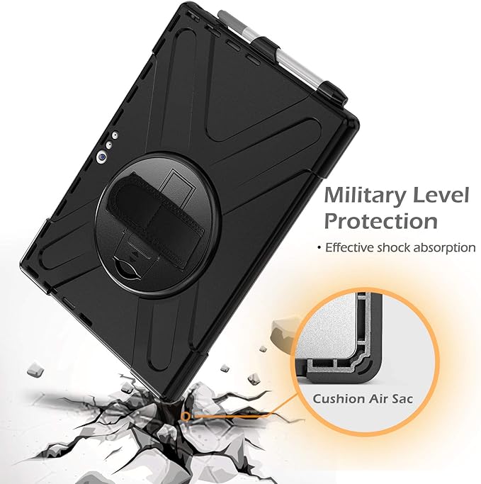 Case for Microsoft Surface Pro 7 Plus/Pro 7/6/5/2017/4/LTE 12.3 Inch Tablet, Heavy Duty Shockproof Protective Rugged Cover With Rotating Stand, Hand Strap, Shoulder Strap - Black