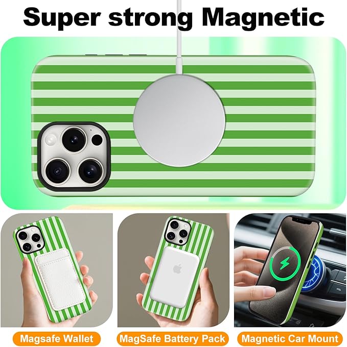 Magnetic for iPhone 17 Case Cute Stripes Phone Case, Shockproof Slim TPU and Hard PC Protective Phone Cover Compatible with MagSafe Designed for Women Girls, Deep Green