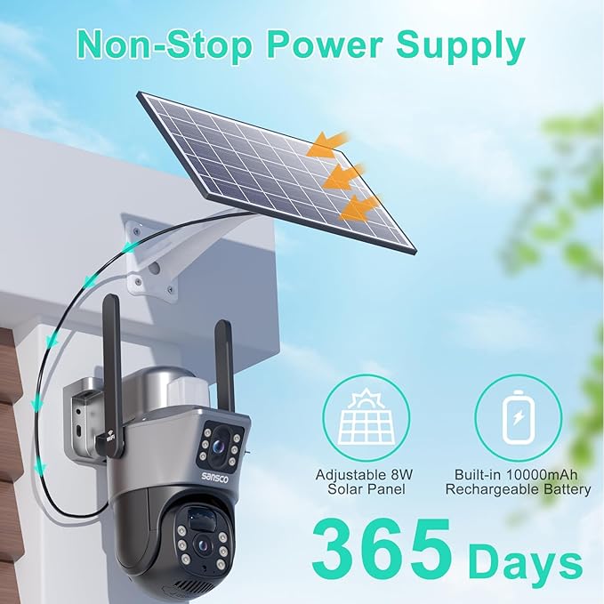 SANSCO 2K Dual Lens Solar Security Camera Wireless Outdoor, No Wires Needed, 2.4G & 5G WiFi, 360° PTZ Home Security Camera, Spotlight Color Night Vision, 2-Way Audio, PIR Motion Detection, APP Alerts