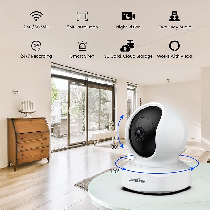 wansview 5MP UHD Pet Camera with Phone app, 5Ghz&2.4Ghz Dual Wi-Fi Security Camera Indoor for Monitoring Home/Baby/Cat/Dog, 2 Way Audio, 24/7 TF Card Storage(TF Card Not Included), Q5 (White)