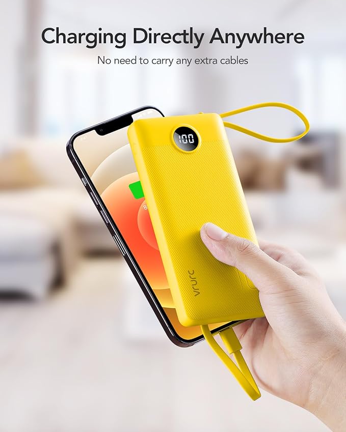 VRURC Portable Charger with Built-in Cables, USB C Portable Phone Charger 10000mAh, Lightweight Power Bank with 5 Output 2 Input Compatible with iPhone 17 16 15 13,Samsung,Android etc-Yellow(1 Pack)