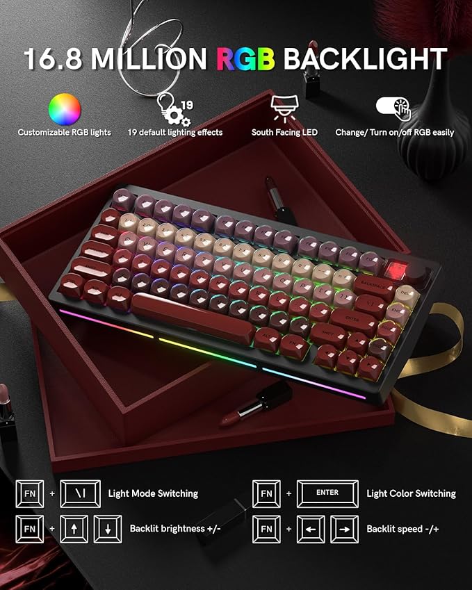 MT75 Lipstick Wireless Mechanical Keyboard, 75% Layout, Hot Swap Gasket Custom Structure, Creamy Pre-lubed Switches Gaming Keyboard with MOA Jelly Keycaps, RGB Backlit, BT5.0/2.4G/USB-C Mode