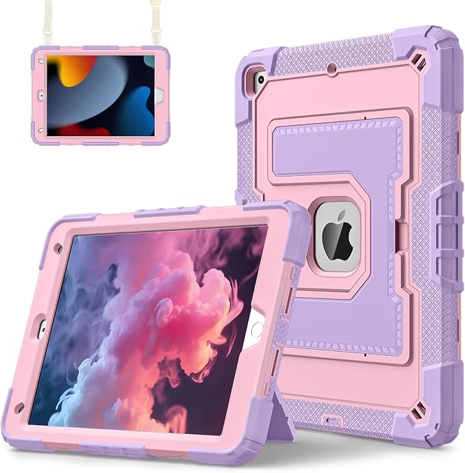 DreamerX for iPad 9th/8th/7th Generation Case (10.2 inch, 2021/2020/2019), Heavy Duty Military Grade Shockproof Protective Cover Stand Pencil Holder Shoulder Strap for iPad 9/8/7 Gen, Purple Rose Gold