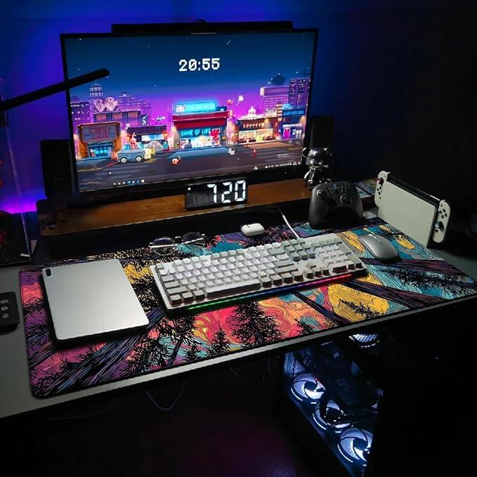 Extended Gaming Mouse Pad, Large Mouse Mat 3 mm Nature Rubber Base Mousepad with Stitched Edges, Non-Slip Desk Mat for Office Home Great Gift 31.5x11.8 Inch (Starry Forest 1)