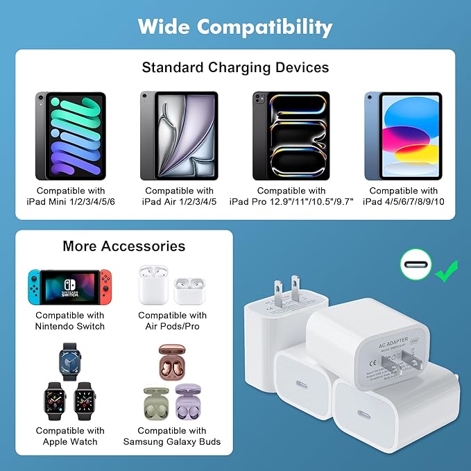 [4 Pack] USB-C Wall Charger, 20W USB-C Power Adapter Replacement for Phone 17/16/15/14/13/15 Pro/Pro Max/Plus/XS/XR/X,Galaxy, Pixel,i Pad and More