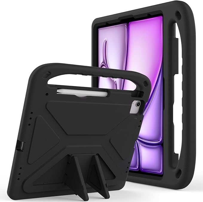 Kids Case for iPad Pro 12.9 inch Cover 6th/5th/4th/3rd Gen (2022/2021/2020/2018) with Kickstand/Handle/Stylus Pencil Holder Soft EVA Heavy Duty Shockproof Stand Girl Boy Cover, Black