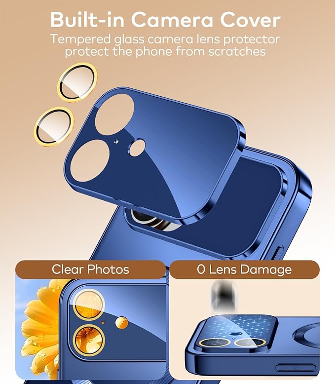 TOBOVON Magnetic for iPhone 17 Case with Ring Stand, Fits MagSafe, with Built-in Camera Lens Protector, Slim Electroplated Shockproof Phone Cover, Blue