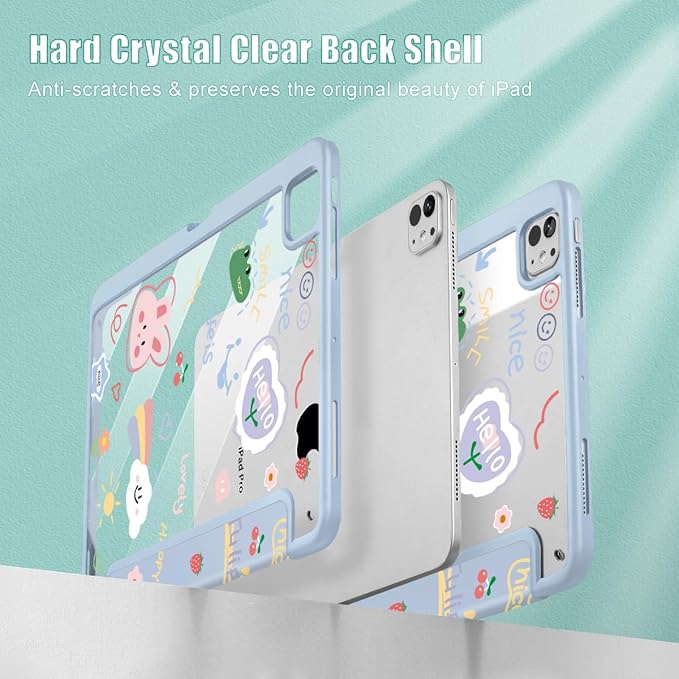 May Chen for iPad Pro 13 Inch Case M5 2025 / M4 2024, Built Pencil Holder & Clear Transparent Print Back Shell Slim Stand Shockproof Tablet Cover, Auto Wake/Sleep, Cut Stick Figure