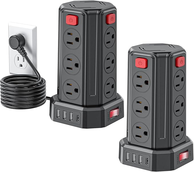 Power Strip Surge Protector Tower,Extension Cord with 12 AC Multiple Outlets 4 USB (1 USB C), SMALLRT Power Strip Tower Desktop Charging Station (Black, 6.5 FT-2PC)