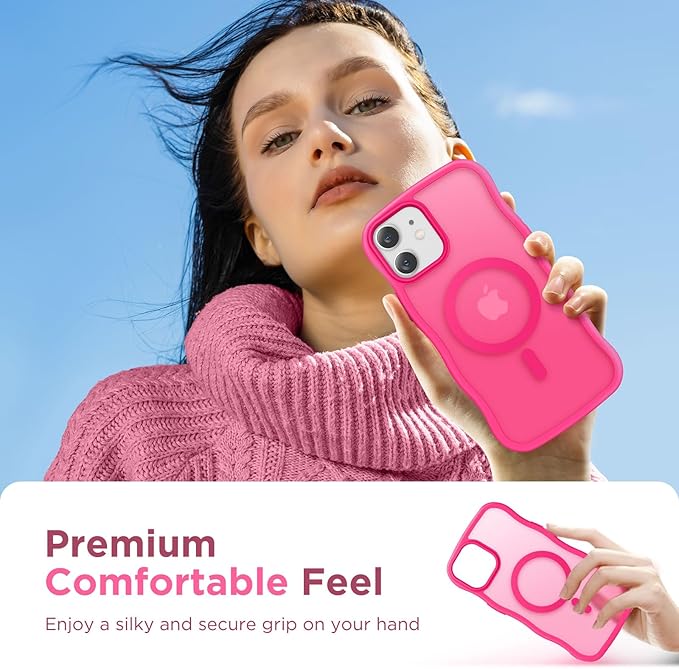 CAPRARO Cute for iPhone 12 Case & iPhone 12 Pro Case, Compatible with MagSafe, [Curly Wave Edge] [Camera Protection] [14 FT Drop Protection] Magnetic for iPhone 12/12 Pro, Hot Pink