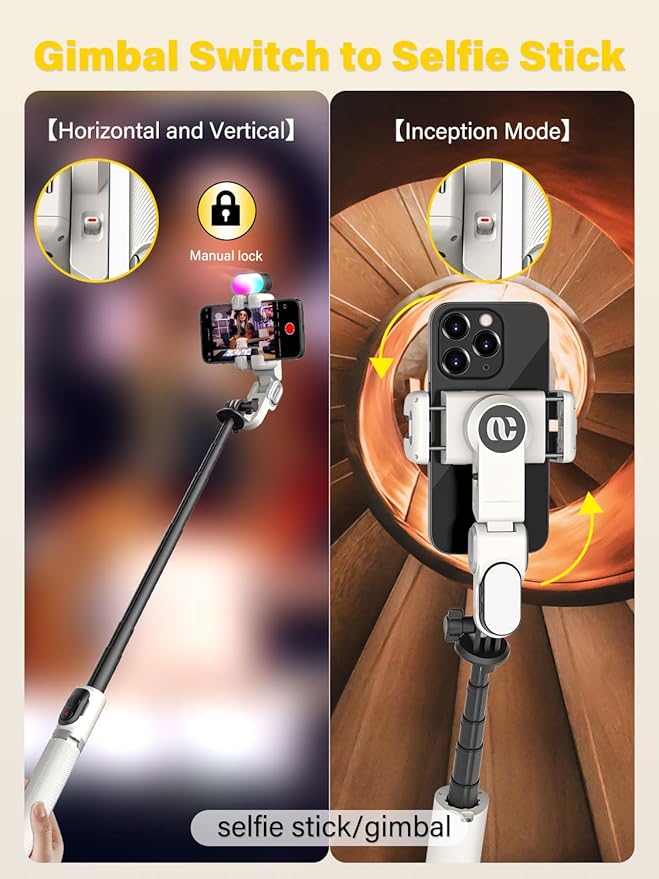AOCHUAN Smartphone Gimbal Stabilizer, Smart Face Tracking Tripod Without APP - 4 in 1 Cellphone Gimbal Stabilizer for iPhone&Android Extended 108cm Rod with RGB Fill Light,M2PRO White