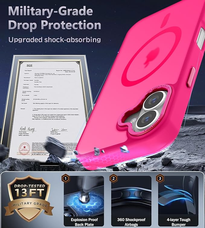 Newfuture Designed for iPhone 16 Case with Magnetic [13 FT Military Drop Protection] [Compatible with Magsafe] Slim Translucent Matte Shockproof with Anti-Fingerprint Phone Case, Hot Pink
