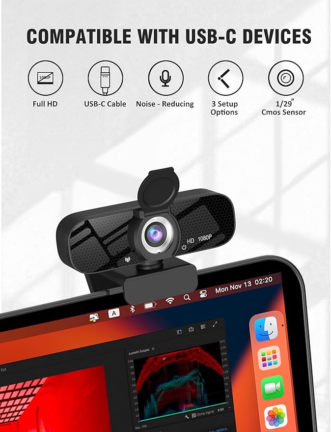 Tewiky Full HD Webcam with Built-in Microphone and Rotatable Tripod, 1080P Video and Wide Angle Camera, Privacy Cover, for Desktop PC or Laptop Computer
