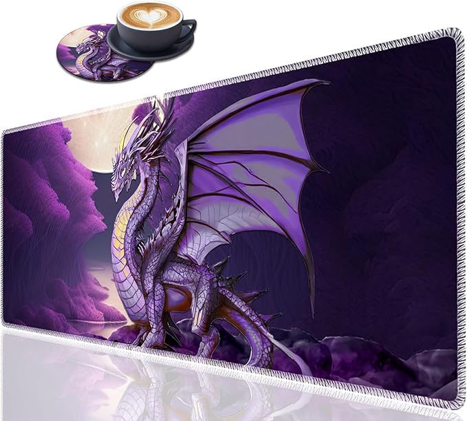 Large Gaming Mouse Pad Plus a Coasters + Cable Clips, Purple Dragon Extended Mousepad (31.5 x 11.8) with Stitched Edge, Foldable Computer Keyboard Desktop Mouse Mat for Home Office