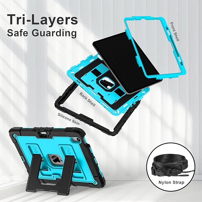 Kids Friendly Case for iPad Air 11 Inch M4 M3 M2 2026/2025/2024 Case with Pencil Holder & Shoulder Strap, Military Grade Shockproof Kickstand Hard Shell Protective Cover,Black+Blue