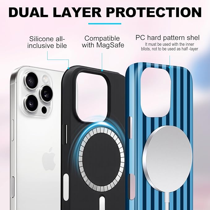 Magnetic for iPhone 14 Plus Case Cute Stripes Phone Case, Shockproof Slim TPU and Hard PC Protective Phone Cover Compatible with MagSafe Designed for Women Girls, Lake Blue