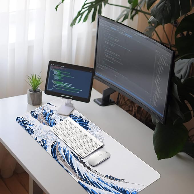 31.4"x11.8"Extended Large Gaming Mouse Pad,XL Large Non-Slip Rubber Base Mousepad with Stitched Edges,Waterproof Keyboard Mouse Mat Desk Pad,Japanese Sea Wave, White and Blue Tones