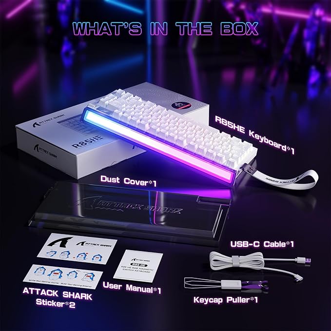 ATTACK SHARK R85 HE Wired Rapid Trigger Mechanical RGB Gaming Keyboard with Custom Lightbox,8KHz Polling Rate,0.005mm RT Accuracy,0.08MS Latency,Hall Effect,Magnetic Switch,Driver for PC-White Contour