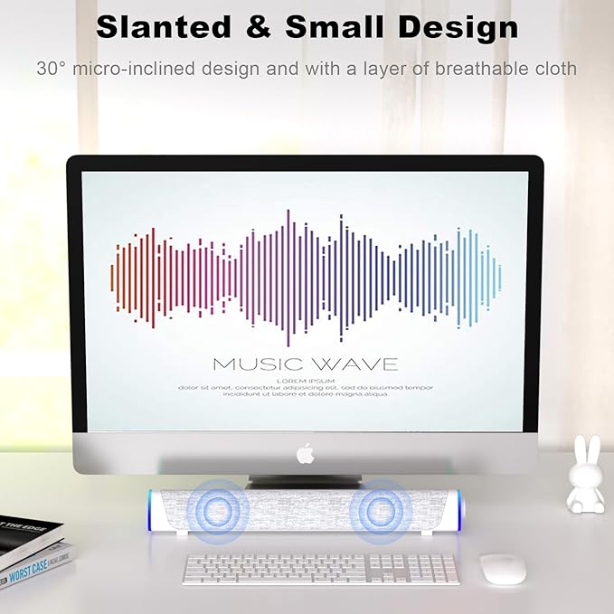 SOULION R30 Computer Speakers, USB Powered 3.5mm AUX Small PC Speaker, Colorful LED Lights with Switch Button, Surround Sound Bar Speaker for Desktop Laptop White