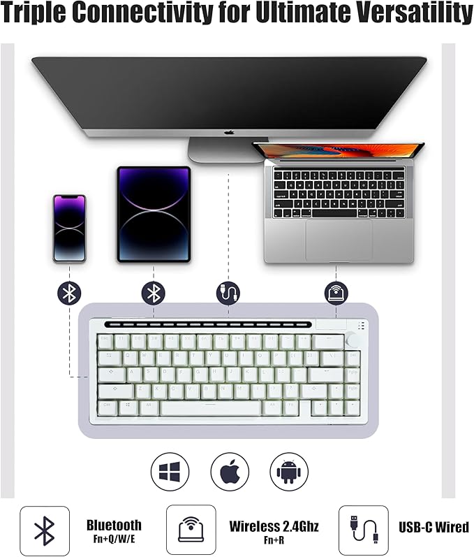 R66 65% Voice-Activated Hot Swap RGB Triple Mode（2.4Ghz/Bluetooth 5.0/Wired） Wireless Top Gaming Keyboard,Knob Control Mechanical Keyboard, PBT Keycaps (Glacial-White- Tactile Switch)